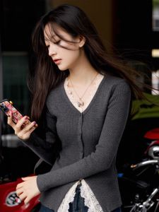 BINKAFENNY | V-Neck Lace Splice Knitted Open Cardigan Womens Slim Fit Long Sleeve Top High Waist A-Line Design Elegant Inner Wear Spring