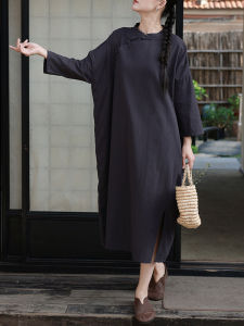 Traditional Chinese Cheongsam Dress Inchecks Flax Loose Fit Long Sleeve Button up Maxi Skirt Style Black And White Womens Gown