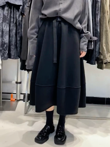 Fashionable Loose Black Flower Bud Skirt Womens High Waist Midi A-Line Half Skirt Autumn New Style Versatile Hip Covering