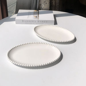 Phong Cách Pháp Đĩa Sứ Ăn Sáng Bộ Đồ Ăn Phương Tây Ngọc Trai Chấm Hình Bầu Dục Đĩa Tráng Miệng Nguyên Chất Trắng Đĩa Tròn Cổ Điển Bằng Sứ