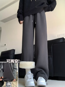 กางเกงกีฬาผ้ากำมะหยี่หนาสำหรับผู้หญิง ทรงหลวมสบาย ๆ ฤดูใบไม้ร่วง/ฤดูหนาว กางเกงขายาวสีเทา กระเป๋า ทรงหลวม ทรงหลวม ทรงหลวม
