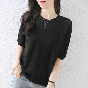 plus Size Summer Ice Silk Knitted Top Womens Hollow out Short Sleeve T-Shirt Belly Covering Slimming Korean Style round Neck