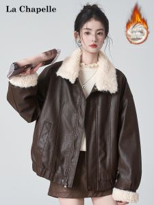 La Chapelle | Warm Faux Lamb Fur Collar Womens Winter PU Leather Jacket