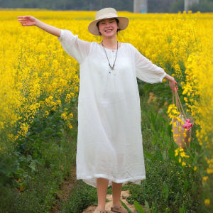 Spring Summer New Style High End Flax Womens Loose Slimming Holiday Gown Sleeveless Long Dress Fairy Skirt Commute Pocket