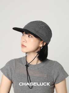 Lightweight Quick-Dry Sun Protection Plaid Drawstring Flat-Brim Baseball Cap Womens Summer Fashionable Casual Cotton Hat