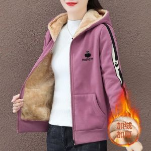 เสื้อแจ็คเก็ตคาร์ดิแกนขนหนาแบบมีฮู้ดสำหรับผู้หญิงในฤดูหนาวปี 2025 พร้อมกระเป๋า ซิป แขนยาว ทรงหลวม ปกติ