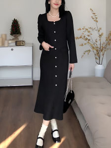 Rejuvenating French Vintage Square Collar Dress Slimming High Waist Fish Tail Skirt Style Korean Loose Fit Long Sleeve Woolen Dress