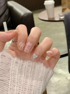 French Shortie Nail Tips Cute Leopard Print Bow Tie White Enhancing Sweet Cool Style Finished Fake Nails Patches