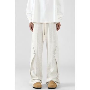 Gray American High Street Mens Autumn Straight Leg Wide Leg Sports Pants Deconstructed Design Sense Vibe Patchwork Casual Trousers