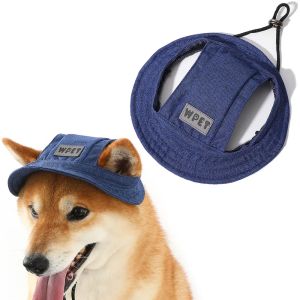 Dog Round Brim Hat with Ears Hole Denim Pet Cat Dog Cap Outdoor Sun Protection Neck Strap Adjustable for Small Medium Puppy Cats