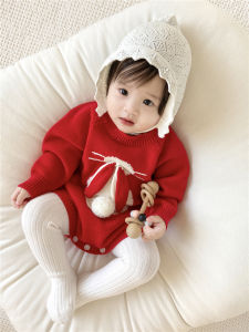 Cute Rabbit Sweater Baby Girl Spring Clothes Triangle Crawler Suit One Year Old Celebration Hundred Days Baby Clothes