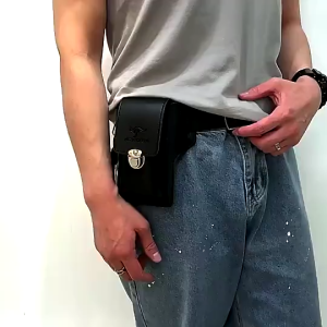 Men Leather Card Holder Fanny Waist Bag Male Mobile Phone Belt Pouch Vertical Type Keychain