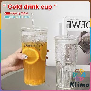 Klimo Creative Glass Water Cup with Straw and Lid Juice Milk Tea Coffee Cold Drink Mug 550ml