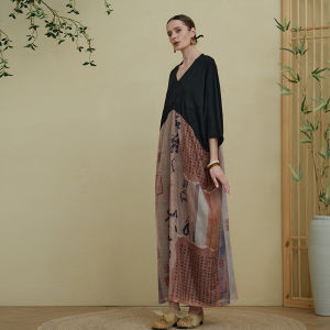 Retro Spliced Long Dress Loose plus Size Ultra-Long Slimming Chinese Style V-Neck Midi Dress Elegant Atmosphere Maxi Dress