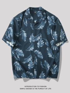 เสื้อเชิ้ตคอป้านบางระบายอากาศได้ดีสำหรับผู้ชาย ทรงหลวม ลายใบไม้ขนาดเล็ก สไตล์ย้อนยุค เสื้อเชิ้ตแขนสั้นสำหรับฤดูร้อน
