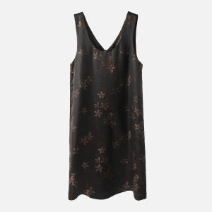 Miccbeirn | Retro Print Silk Cloud Shirt Dress Sleeveless Midi Straight Silhouette V-neck Gown Vintage Floral Patterned True Silk Vest Dress