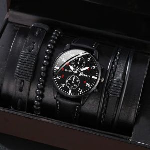 4-piece casual quartz watch set: fashion accessories vintage bead bracelet braided bracelet imitation leather watch set