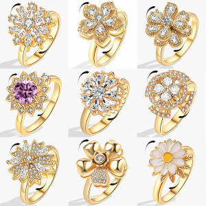 New In Copper Sunflower Rings For Women Gold Crystal Anxiety Relife Spinning Anti Stress Rotating Ring Trendy Jewelry Gifts