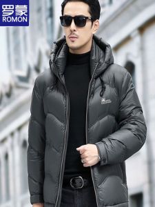 Romon Mens Short down Jacket 200g Thickened Warm Winter Coat Hat Included Super Thick Bread Style Outerwear Fashion Urban Style