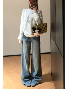 Low Waist American Retro Washed Denim Jeans High Rise Wide Leg Straight Cut Womens Autumn Loose Fit Floor Length Trousers
