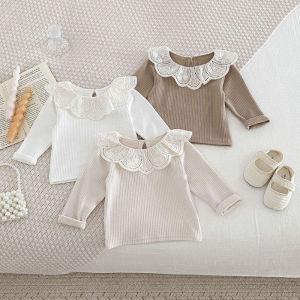 Áo Lót Cotton Thêu Hoa Sen Cổ Tròn Cho Bé Gái 0-3T Áo Sơ Mi Đơn Giản Mùa Thu Cho Trẻ Em Áo Thun Cổ Tròn Dễ Thương Áo Kiểu Chui Đầu