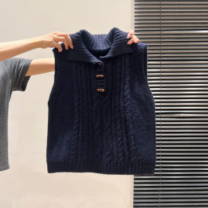 เสื้อกั๊กถักแขนกุดคอโปโลสไตล์เกาหลีสำหรับผู้หญิง ชุดชั้นในฤดูใบไม้ร่วง ผ้าฝ้ายผสมโพลีเอสเตอร์ ปกติ