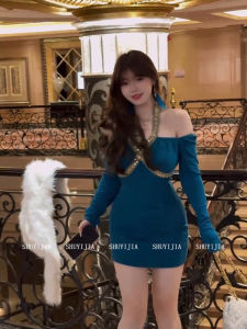 Syj Pure Desire Shoulder Bared Diamond Embedded Neck Hanging Womens Dress Autumn Waist Inward High Waist Short Skirt