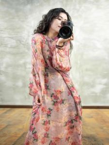 Womens Long Cheongsam Dress in Mulberry Silk with Printed Design Button Detail Slit for Casual Wear Spring Season