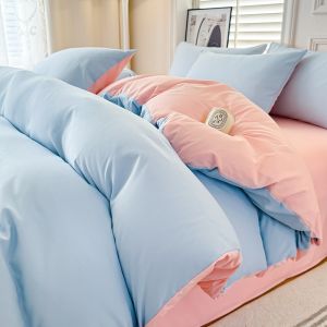 Dansunreve Bộ Ga Trải Giường 4 trong 1 Bộ vỏ chăn đồng bằng Bộ vỏ gối bằng cotton giặt đơn giản tấm phẳng Màu Hồng/Lạc Đà/Xanh dương/Xám bộ đồ giường ngủ tấm ga trải giường thoải mái thân thiện với da mềm mại