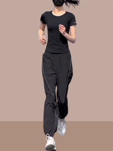 Shalldoer | Slim Fit T-Shirt And Pants Set Womens Summer Round Neck Short Sleeve Long Pants Two-Piece Suit Comfortable Breathable Casual Wear