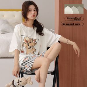 Miiow | Pure Cotton Short Sleeve Sleepwear Womens Home Clothes Set Cute Cartoon Design Summer Outfit Casual Comfortable Breathable
