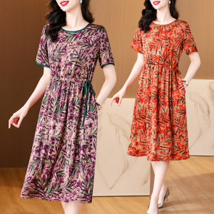 Impression Fashion Women Elegant Silk Print Round-neck Short Sleeve Drawstring Tunic A-line Midi Dress Plus Size