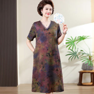 Elegant Silk Dress Womens Summer New Style Medium-aged Mom Slimming Floral Design  Silk Midi Dress V-neck Short Sleeve
