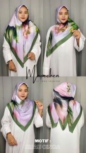 Edisi Hijau - Hijab VOAL MOTIF Jilbab Saghe Tosca Army Mint  Segiempat LaserCut