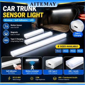 Aitemay Wireless Induction Trunk Light Type-C Rechargeable LED Bar Smart Motion Sensor Auto On Off Magnetic Car Interior Light 12W Dimmable Reading Lamp For Boot Cabinet