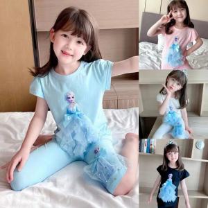 [PRINCESS KESLI] 1-9 Tahun Putri Elsa Setelan Anak perempuan katun Kaos lengan pendek berbahan Dan Celana panjang tujuh meni