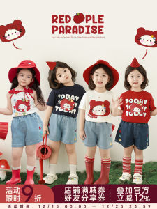 Summer Red Apple Series Cat Print T-Shirt And Denim Shorts Set for Girls Casual Cotton Blend Fabric Daily Wear Breathable