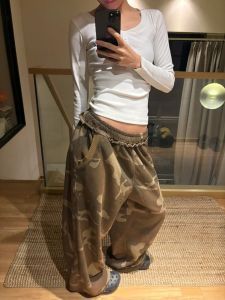 High Waist Loose Fit Camouflage Work Pants for Women Original American Retro Style Casual Straight Leg Floor-Length Trousers