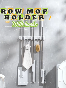 Ecoco Aluminum Mop Holder Heavy-Duty with Hooks Broom Hanger Clip Organizer Wall-Mounted Durable