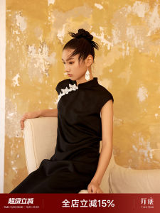 TingTang New Chinese Style Midi Dress Womens Reformed Cheongsam Floral Embroidery Flared Skirt Polyester Fiber Summer Dress