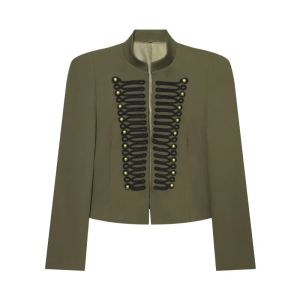 Tossy Cropped Jacket Double Breasted Stand Collar Long Sleeve Fitted Daily Office Streetwear Gold Buttons Braided Trim Jacket