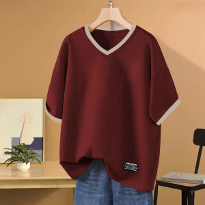 ผ้าฝ้ายแท้บล็อกสีคอวีแขนสั้นเสื้อยืดผู้หญิงหลวมพอดีสไตล์ฤดูร้อนเข้าได้หลายชุดแลดูผอมขนาดใหญ่เสื้อผ้าทํางานลําลองของผู้หญิง