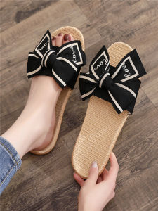 Elegant Butterfly Knot Linen Slippers Women's Anti-Slip Basin Bottom Outdoor Wearable Home Indoor Comfortable Cotton Slippers