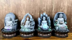 Indoor Air Humidifie Waterfall Fountain Office Tabletop Relaxation Fountain View with LED Light Lucky Feng Shui Buddha Statue
