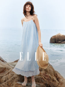 Elle French Design Sensation Womens Summer Vacation Style Pleated Wave Skirt Dress Blue Color Block Elegant Long Dress
