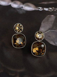 Tea Color Glass Crystal Earrings Vintage Commute Square Fashion Jewelry Accessories Clip on Earrings Womens Geometric Pattern