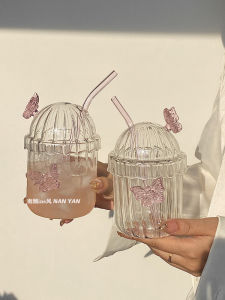 High Borosilicate Glass BOBO Straw Cup with Lid Butterfly Drinking Water Coffee Cup Heat Resistant Milk Coffee Cup Pink Fairy Style
