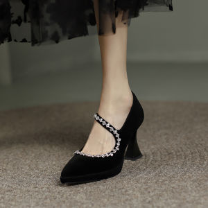 French Vintage Mary Jane High Heel Chunky Heel Rhinestone Single Shoes Fairy Style for Skirts Cat Heel Pointed Toe Hepburn Sandals