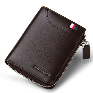 WILLIAMPOLO | Mens Short Vertical Leather Wallet With Zipper Driving License Sleeve