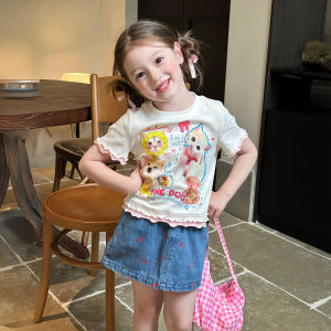 Áo Thun in Họa Tiết Hoạt Hình Mùa Hè Cho Bé Gái Tay Ngắn Mỏng Thường Ngày Phong Cách Hàn Quốc Cổ Tròn Vải Polyester